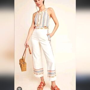 Anthropologie Cream Embroidered Wide Leg Pants 2 S Lined Cropped Vacation Beach